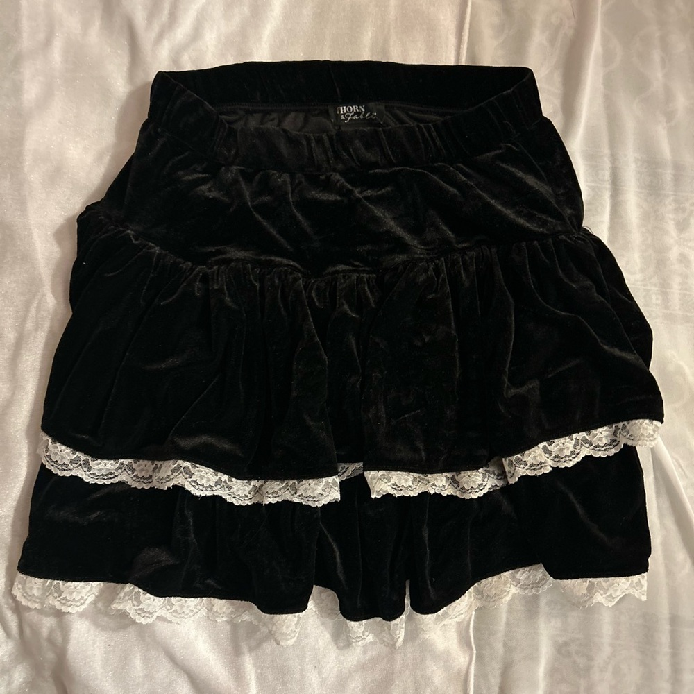Black Velvet Skirt with Lace Trim
